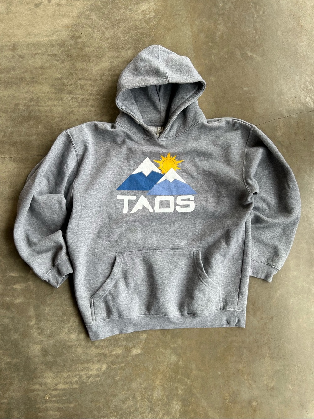 Taos New Mexico Gray Hoodie with Mountain, Blue Peaks & Yellow Sun Graphic